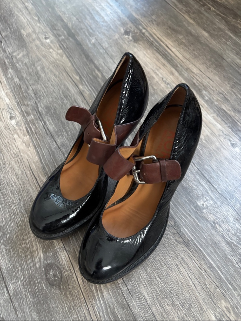 Michael Kors Black Patent Mary Jane Pumps with Brown Strap